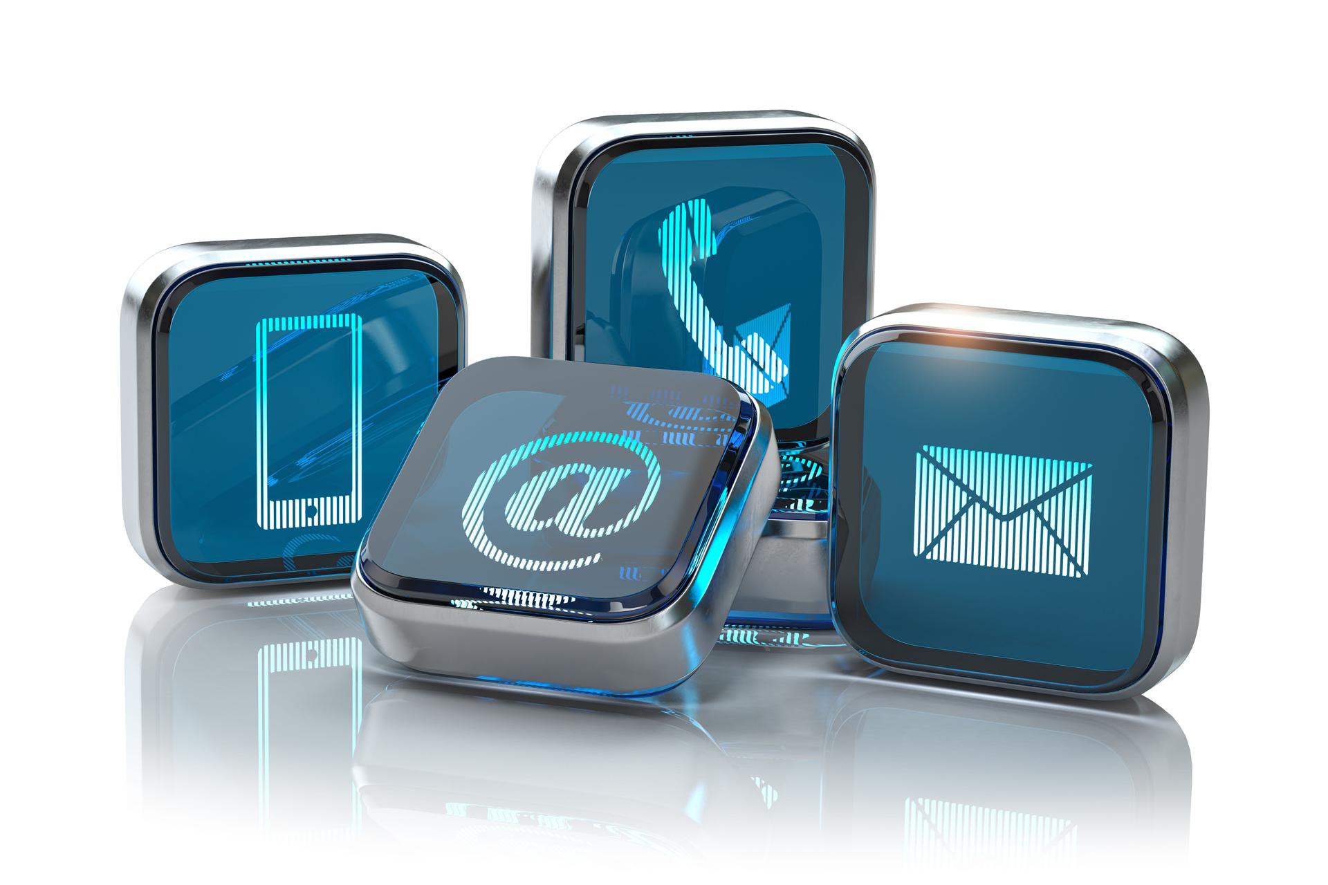 Signs of phone, mobile, letter and e-mail isolated on white. Contact us website page and internet concept.  Contact methods.